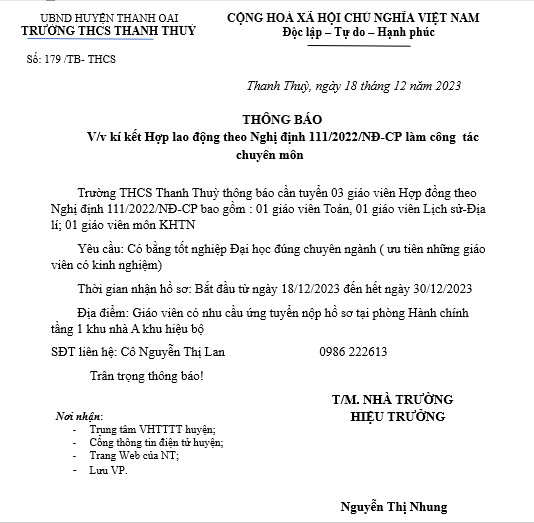 THÔNG BÁO TUYỂN DỤNG HỢP ĐỒNG GIÁO VIÊN